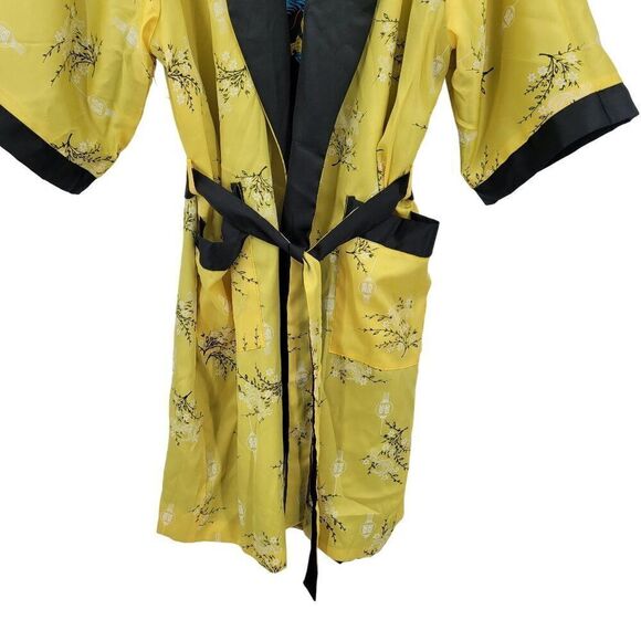 Reversible Kimono Robe L Black Embroidered Dragon Yellow Floral Asian Unisex - Picture 12 of 16
